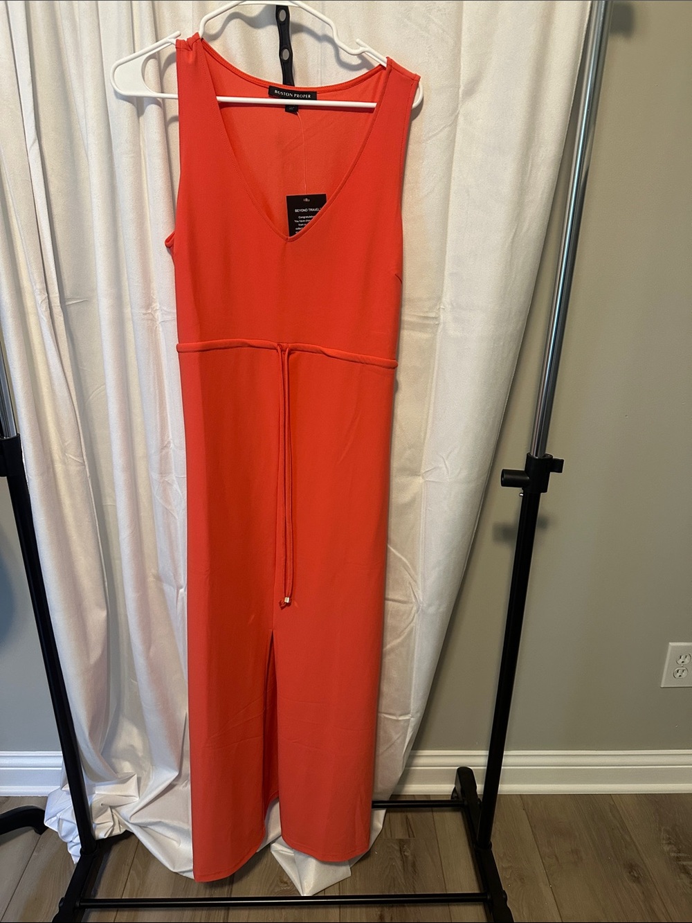 Boston Proper Beyond Travel Coral Sleeveless V-Neck Maxi Dress with Waist Tie